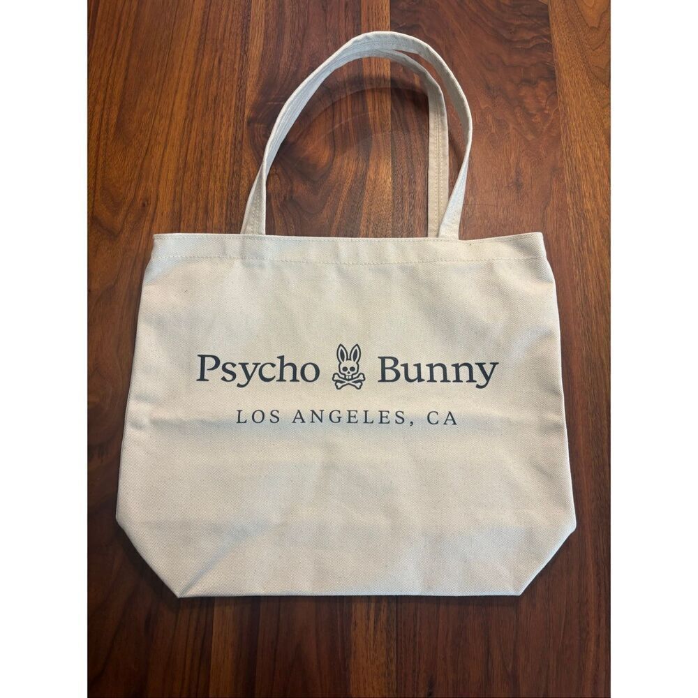 Psycho Bunny Los Angeles Cream Canvas Skull Cross Bones Shopping Tote Bag NWOT